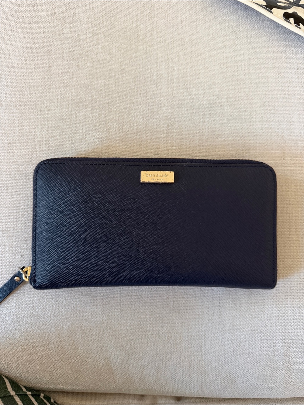 kate spade Navy Zip-Around Saffiano Leather Wallet with Gold Plate